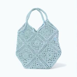 Crocheted BOHO Granny Square Shoulder Tote Bag Handmade Unlined Baby Blue Large